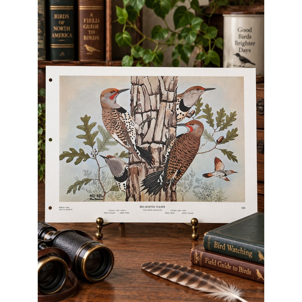 1968 Rex Brasher Red Shafted Flicker Bird Vtg Original Book Plate Wall Art Decor
